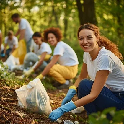 A group of women volunteers working together in a forest, leading community projects and promoting environmental stewardship.