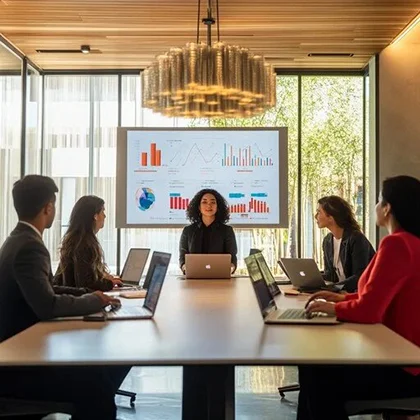 A collaborative meeting scene with a group of people, including women, seated at a table, focused on their laptops and teamwork.