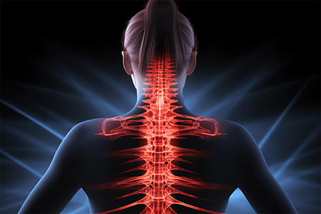 A woman suffering from back pain at her desk, demonstrating the negative consequences of poor sitting habits on back and neck.