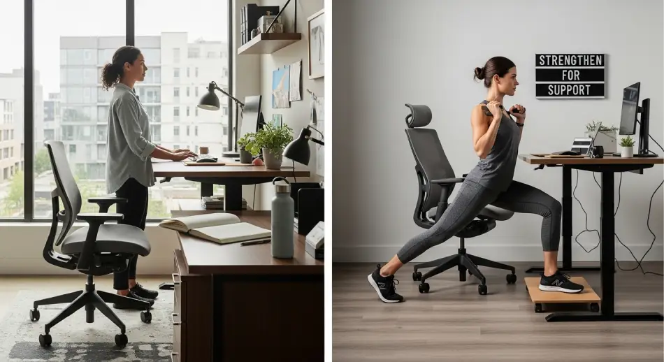 Woman performing strengthening exercises at a sit-stand desk, showcasing a blend of work and fitness.