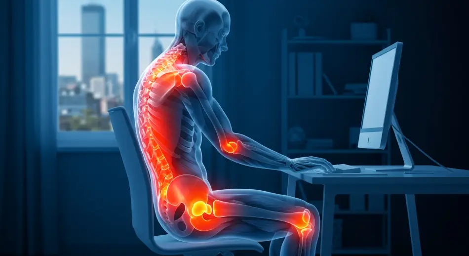 A man at a desk with a laptop, exhibiting bad posture.
