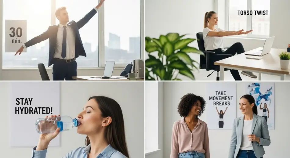 A collage of office workers engaging in desk exercises, stretching, and promoting hydration for a healthier workday.
