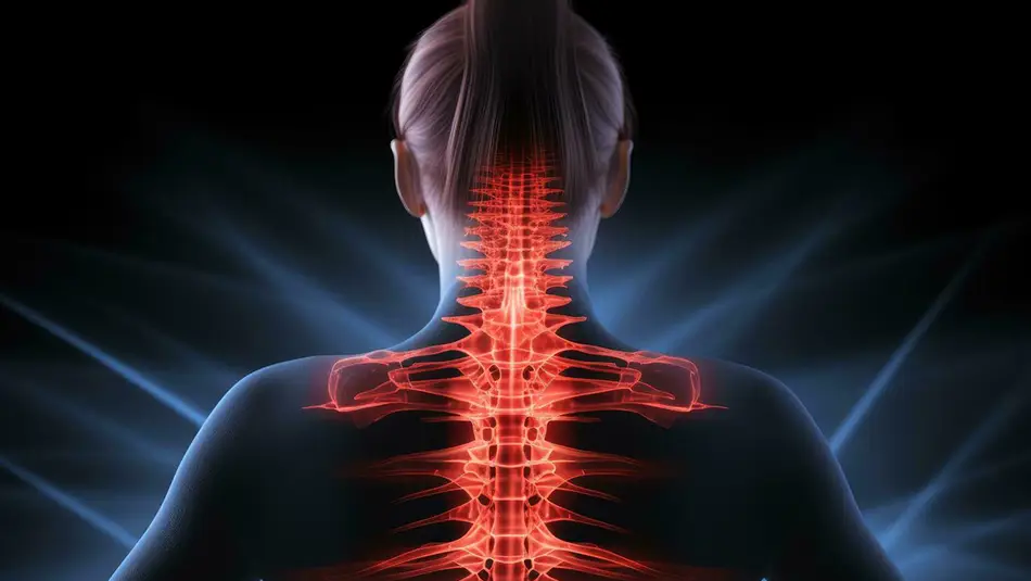 A woman suffering from neck and back pain at her desk, demonstrating the negative consequences of poor sitting habits on back and neck.