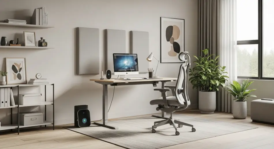 A workspace featuring a desk, computer, and chair by a window, representing a remote work environment.